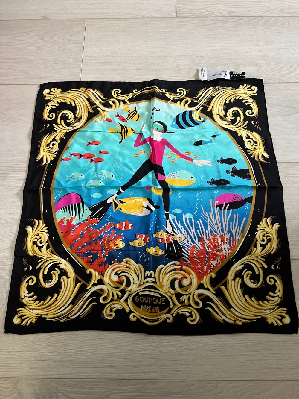 Moschino Black & Turquoise Underwater Print Silk Scarf